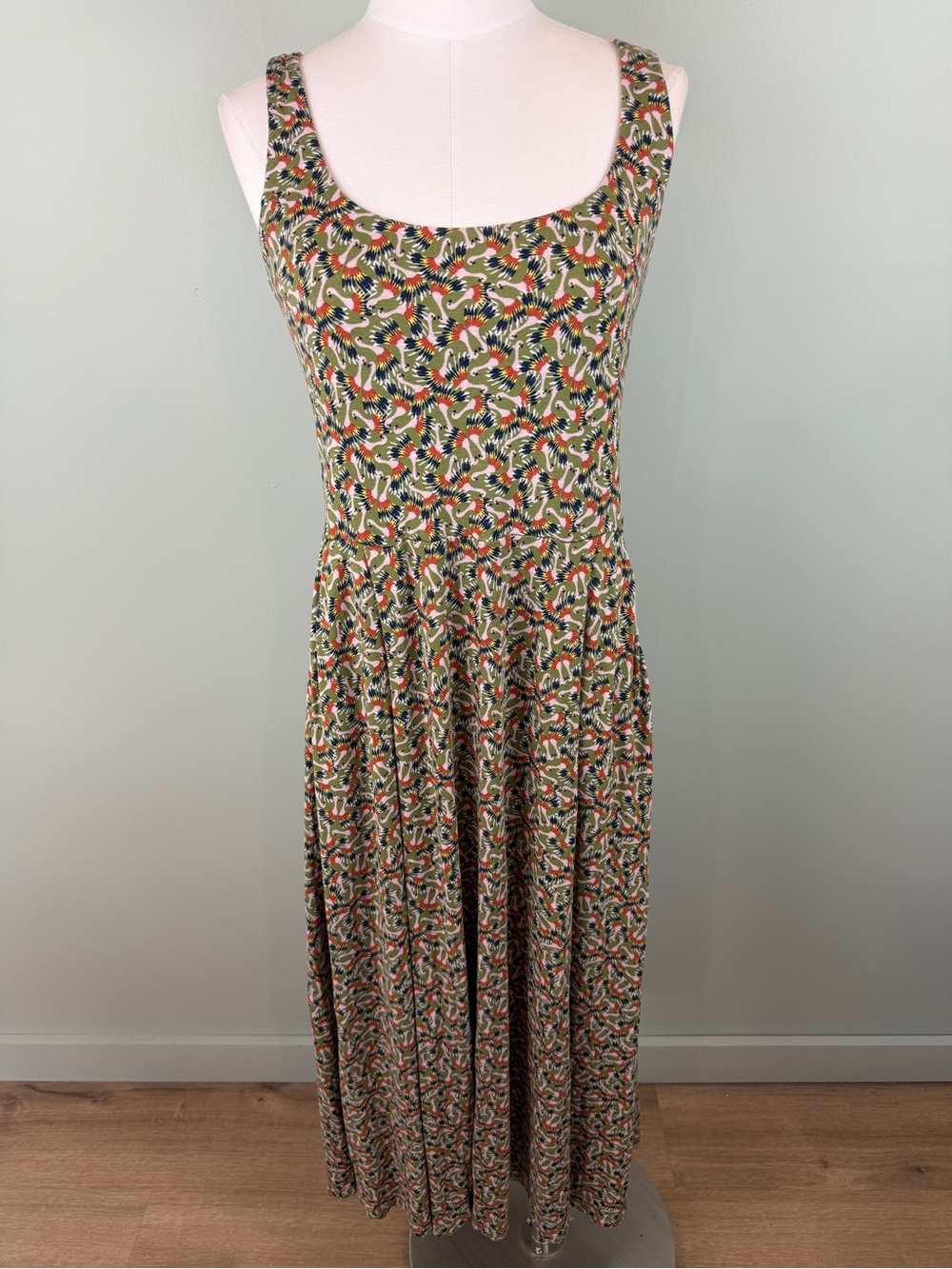 BODEN Petronella whimsical Ostrich bird scoop neck fit flare Jersey Dress Sz 8L